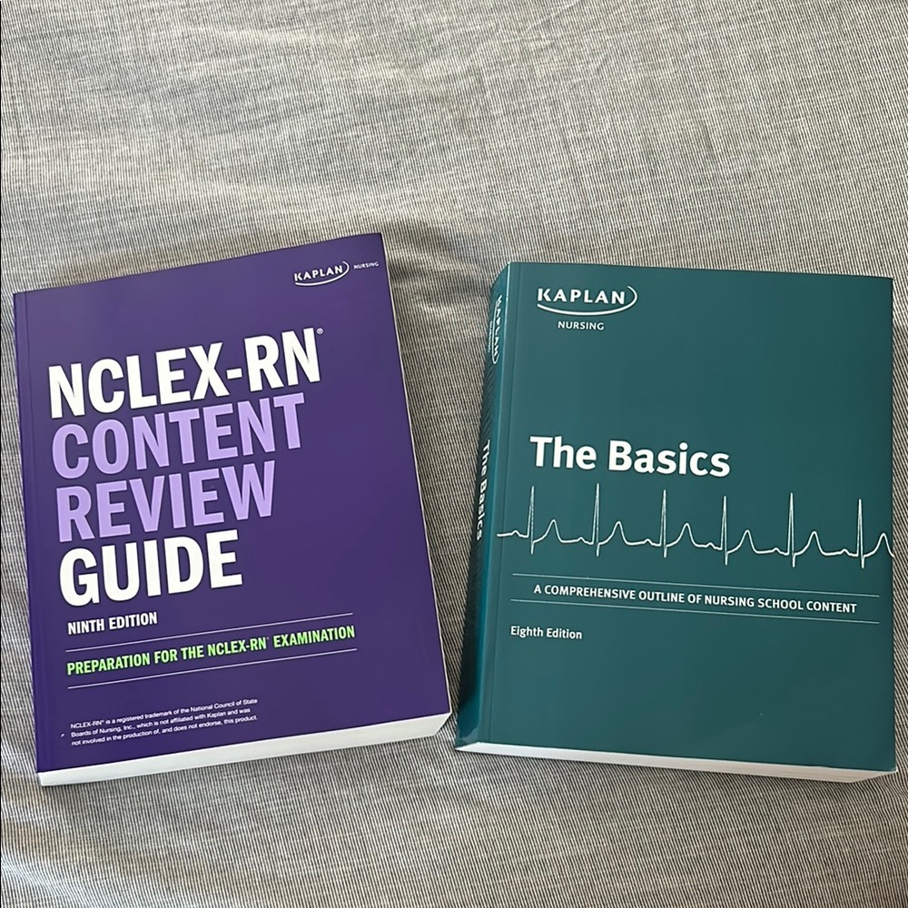 Kaplan NCLEX-RN Guide in Purple and The Basics in Teal